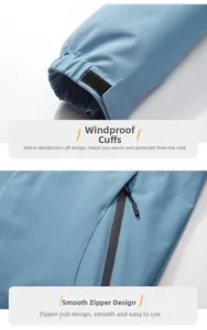 Detail of windproof jacket with adjustable velcro cuffs and smooth zipper with puller