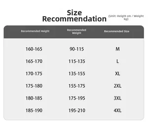 Size recommendation chart for men's hooded jacket from size M to 4XL based on height and weight