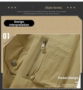Detail of khaki cotton jacket showing tactical multi-pocket design and metal fashion buttons