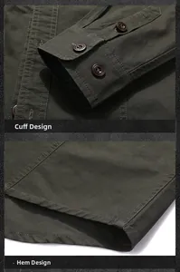 Detail of military green cotton shirt featuring adjustable cuffs and classic buttons