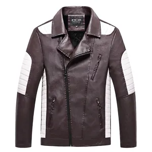 Men's slim fit brown PU leather motorcycle jacket with white stripes and warm fleece lining