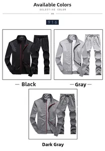 Detailed view showing men's knit sports suit in black, grey, and dark grey color options