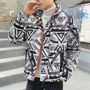 Men's White Duck Down Puffer Jacket Geometric Graffiti Print Stand Collar Hooded Warm Winter Coat Streetwear Outwear