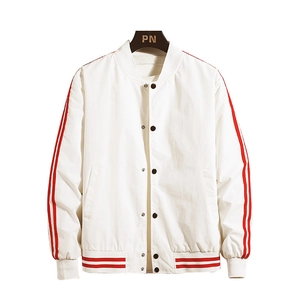 White baseball bomber jacket with red striped trim and silver snap buttons closure
