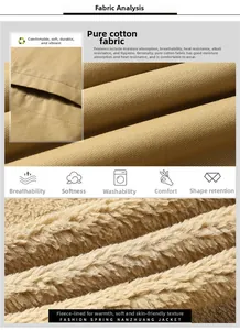Detail showing khaki washed cotton fabric texture and soft fleece lining for men's jacket