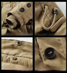 Detailed views of khaki cotton parka with drawstring, elastic cuffs, and engraved fashion buttons