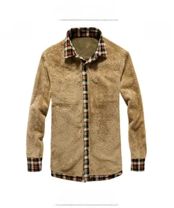 Detailed view of winter warm plaid shirt with thick fleece lining in khaki and red