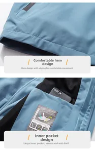 Detail of blue outdoor jacket showing waterproof hem and inner pocket for phone storage
