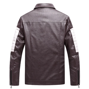 Men's slim fit faux leather biker jacket in burgundy with white stripes on back