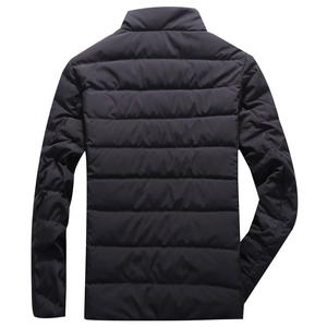 Men's winter black stand collar puffer jacket with horizontal quilting and casual fit