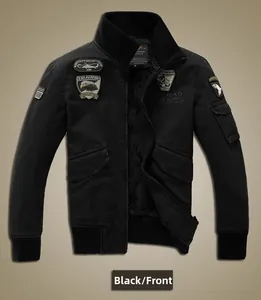 Detail of military bomber jacket showing tactical patches and sleeve zipper pocket
