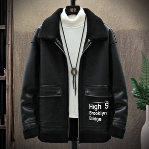Mens winter black faux shearling jacket with hood and High St Brooklyn Bridge print
