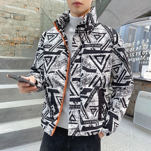Men's winter puffer jacket with stand collar and geometric print in black and white