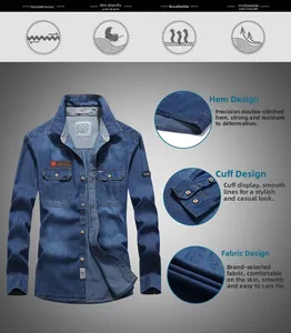 Detail of blue denim shirt showing functional pockets, embroidery patches and metal buttons