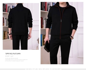 Detail view of men's spring sport suit with stand collar zip jacket and matching pants