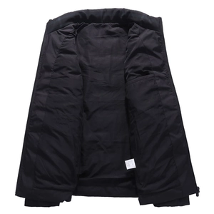 Men's black windproof puffer vest with stand collar and inner pocket detail