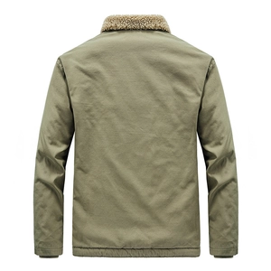 Men's olive green winter flight jacket with beige lamb wool collar and padded lining