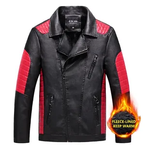 Men's slim fit faux leather biker jacket with red stitching and warm fleece lining