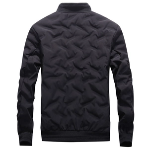 Men's black puffer jacket with geometric texture, stand collar, and ribbed cuffs