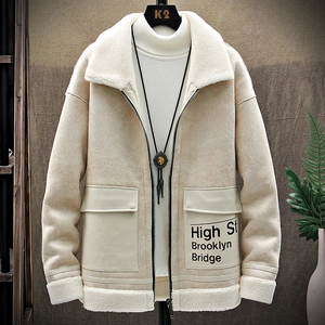 Men's winter fleece jacket in beige with High St Brooklyn Bridge print and large collar
