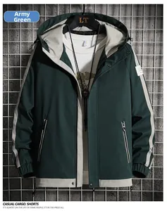 Detail of army green hooded cargo jacket with contrast cream stripes and metal zipper pocket