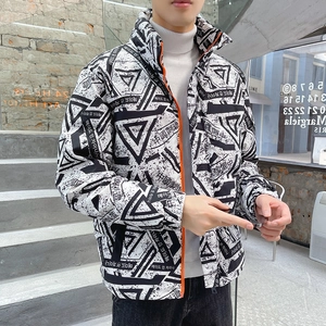 Men's winter standing collar down jacket featuring black and white geometric prints