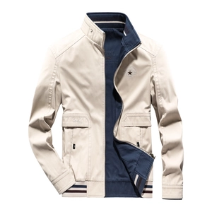 Men's reversible stand collar military jacket in beige with navy lining and ribbed trim