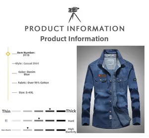 Detailed size chart for men's casual denim shirt featuring 99% cotton fabric specifications