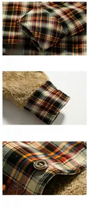 Detail view of the warm fleece lining, classic plaid fabric, and resin buttons on shirt