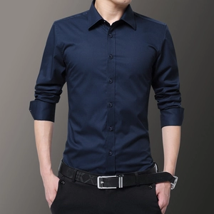 Slim fit navy blue long sleeve business casual shirt for men with formal trousers