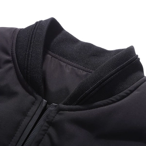 Men's winter thick black bomber jacket with ribbed stand collar and zip closure