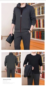Detail of men's dark gray zip-up sports tracksuit set with dark red collar piping