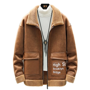 Men's dark brown faux suede shearling jacket with warm lamb wool collar and large pockets