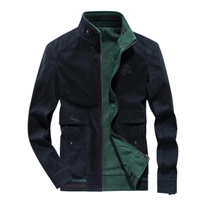 Navy blue men's reversible military stand collar jacket with dark green lining