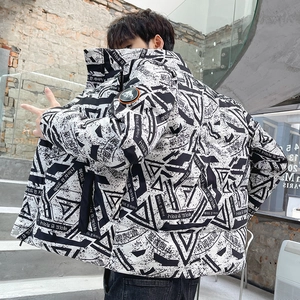 Men's winter puffer jacket with full print graphic pattern and warm standing collar