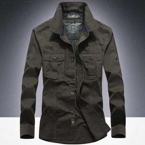 Army green long sleeve cargo shirt for men with double chest pockets and military style