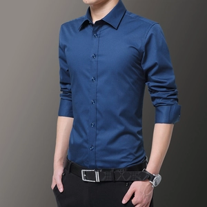 Formal slim fit long sleeve navy blue men's business shirt with button-down collar