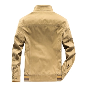 Back view of men's khaki reversible jacket with stand collar and ribbed hem