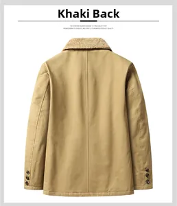 Back view of a khaki cotton work jacket featuring a classic lapel and premium fabric texture