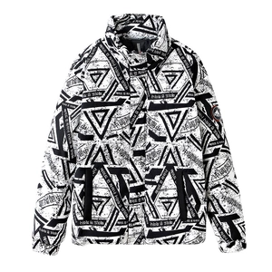 Men's winter puffer jacket with stand collar and black white graffiti print design