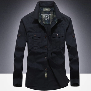 Men's navy blue casual cotton military shirt with long sleeves and dual chest pockets