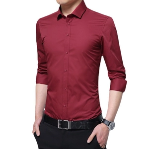 Slim fit burgundy long sleeve dress shirt for men with classic collar and button-up front