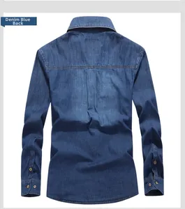 Back view of classic denim blue long sleeve shirt with back pleat and stitch details