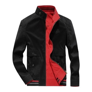 Men's reversible stand collar jacket in black with vibrant red lining and ribbed trim