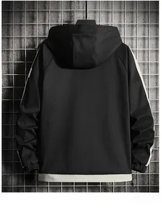 Back view of a casual hooded jacket with white contrast stripes and a split hem design
