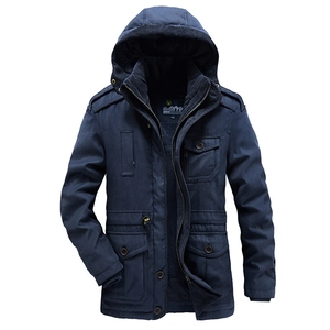 Men's navy blue winter parka with detachable fleece lining and windproof hooded design
