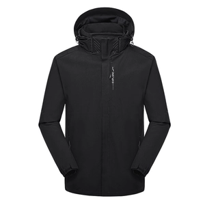 Men's black hooded outdoor windbreaker jacket featuring EXPLORE print on chest