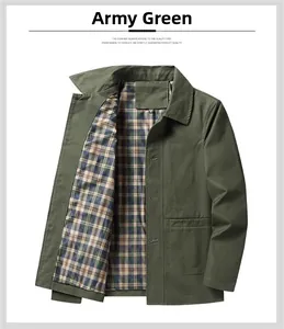 Detail of military green cotton cargo jacket showing lapel collar and plaid inner lining