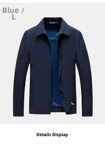 Detailed close-up of dark blue men's jacket with vertical striped lining and zip closure