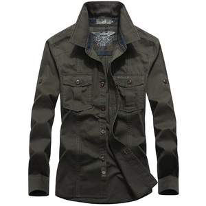 Front view of men's military style long sleeve shirt in olive green with chest pockets